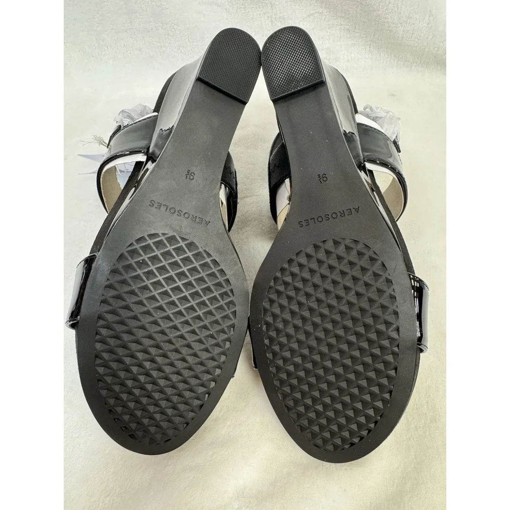 Aerosoles Petra Women's Wedge Sandals Black Patent Faux Leather Size 9.5
